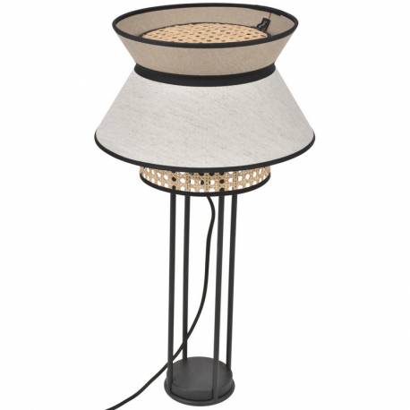 Lampe Singapour Market Set Luminaire Moderne en Métal Noir Cannage Naturel et Lin Lavé Couleur Nude et Gris Clair 30x30x56cm