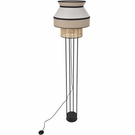Lampadaire Singapour Market Set Luminaire Moderne Métal Noir Cannage Naturel et Lin Lavé Couleur Nude et Gris Clair 40x40x158cm