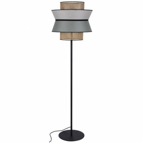 Lampadaire Extérieur Singapour Market Set Luminaire Métal Noir Cannage Naturel et Lin Lavé Couleur Sable et Algues 55x55x189cm