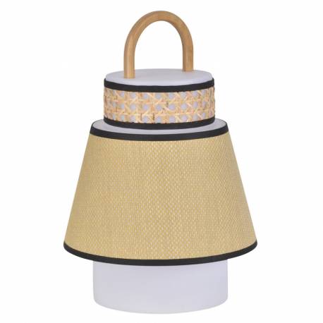 Lampe Portative Extérieur Singapour Market Set en Polypropylène Textile et Bois Couleur Miel Blanc et Noir 21,5x21,5x32,5cm