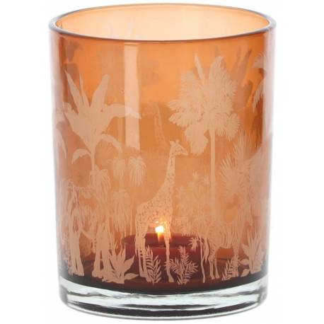 Photophore Hydrochore Athezza Porte Bougie Bougeoir Moderne Motifs Savane en Verre Orange 10x10x12,5cm