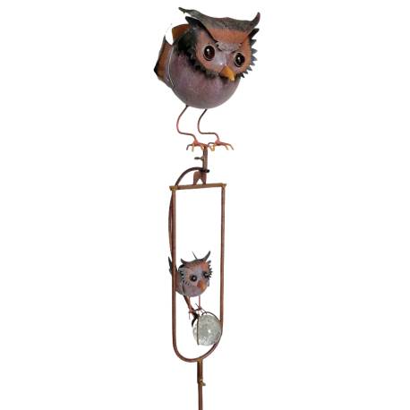 Mobile de Jardin à Balancier sur Pic Motifs Chouettes Perchées en Métal Patiné Multicolore et Verre 17x28x146cm