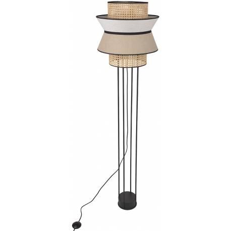 Lampadaire Singapour Market Set Luminaire Moderne Métal Noir Cannage Naturel et Lin Lavé Couleur Nude et Gris Clair 40x40x157cm
