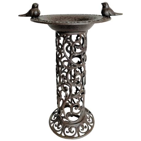 Magnifique Bain à Oiseaux Abreuvoir Mangeoire sur Pied Bénitier en Fonte Patinée Marron 28,5x28,5x46,5cm