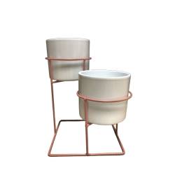 Lot 2 Vases et Support Porte-Plantes Deux Niveaux en Métal Rose Poudré et Céramique Blanche 20,5x20,5x25cm