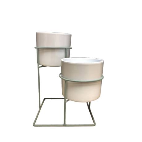 Lot 2 Vases et Support Porte-Plantes Deux Niveaux en Métal Vert d'Eau et Céramique Blanche 20,5x20,5x25cm