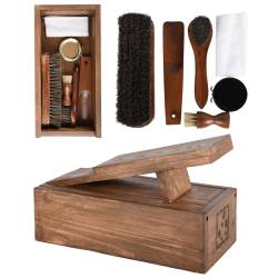 Kit d'Entretien Chaussures Coffret à Cirage Pinceau Brosse Chausse-Pied et Chiffon en Bois 14x17x29cm