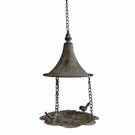 Bain à Oiseau à Suspendre Style Pagode Nichoir Mangeoire Oiseaux avec Chainette en Métal Gris 23x23x37cm