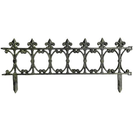 Bordure de Jardin Bordurette Grille Victorienne Motif Fleurs de Lys en Fonte Patinée Verte 1x35x82cm
