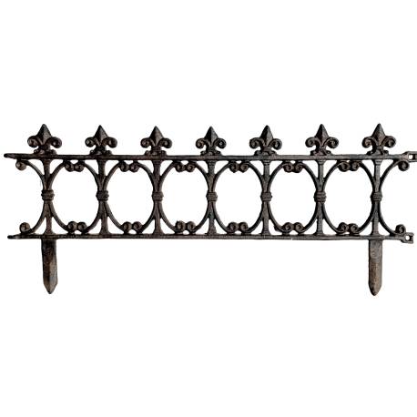 Bordure de Jardin Bordurette Grille Victorienne Motif Fleurs de Lys en Fonte Patinée Marron 1x35x82cm