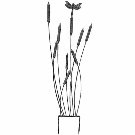 Treillage Roseaux Tuteur Pic de Jardin Treillis Motifs 9 Roseaux et Libellule en Métal Gris 4,5x28x91cm