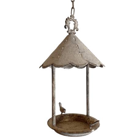 Bain à Oiseau Mangeoire à Suspendre Pagode Bain d'Oiseau Chaîne Abreuvoir Tôle et Fonte Grise 20x20x70cm