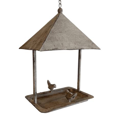 Bain d'Oiseau Mangeoire à Suspendre Nichoir Pagode Bain à Oiseau Chaîne Abreuvoir en Tôle et Fonte Couleur Grise 16,5x27x71cm
