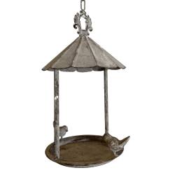 Bain d'Oiseau Mangeoire à Suspendre Nichoir Pagode Bain à Oiseau Chaîne Abreuvoir en Tôle Fonte Couleur Grise 19,5x19,5x68cm