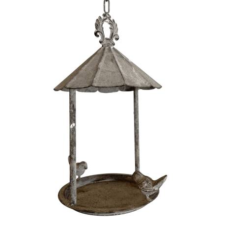 Bain d'Oiseau Mangeoire à Suspendre Nichoir Pagode Bain à Oiseau Chaîne Abreuvoir en Tôle Fonte Couleur Grise 19,5x19,5x68cm