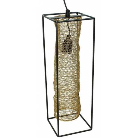 Plafonnier Moderne Chic avec Abat Jour Grillagé Doré Cage Noire Eclairage Contemporain 1 Lumière Suspension en Métal 15x15x45cm