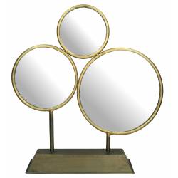 Miroir Triple à Poser Trio de Glaces Rondes Décoration en Métal Couleur Laitonnée et Noir 11x46,5x51cm