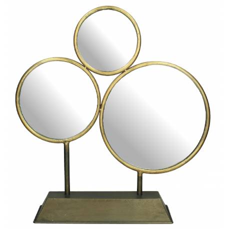 Miroir Triple à Poser Trio de Glaces Rondes Décoration en Métal Couleur Laitonnée et Noir 11x46,5x51cm