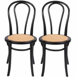 Lot de 2 Chaises Troquet Signature Assises de Table Vintage Sièges en Hêtre Noir et Rotin Naturel 42x55x88cm