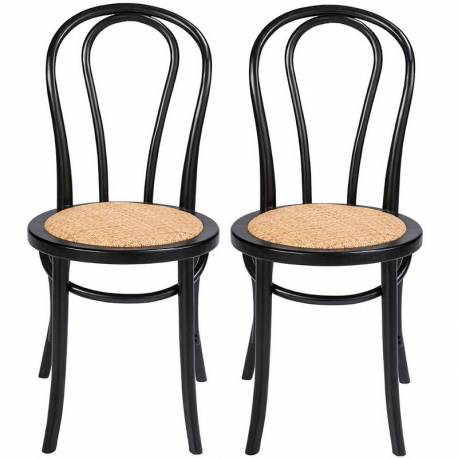 Lot de 2 Chaises Troquet Signature Assises de Table Vintage Sièges en Hêtre Noir et Rotin Naturel 42x55x88cm