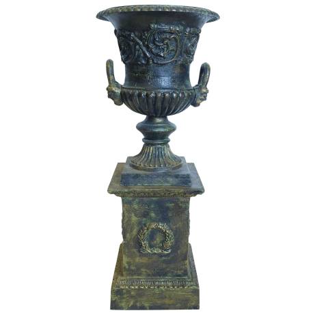 Vasque et Socle Géant Vase Jardinière Extérieur de Chateau en Fonte Patinée Verte 56x56x140cm
