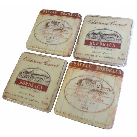 Lot de 4 Dessous de Verre Motifs Bouteilles de Vins Sous Bocks Carrés Décoratifs en Résine Ton Marbre 1x9,5x9,5cm