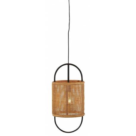 Suspension Bayana Athezza Luminaire Style Bohème Eclairage en Métal Noir et Cannage Rotin Naturel 21x21x42cm