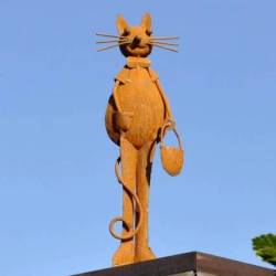 Statue de Chat avec un Sac Représentation de Félin Décoration de Jardin en Acier Oxydé 7,5x20x30cm