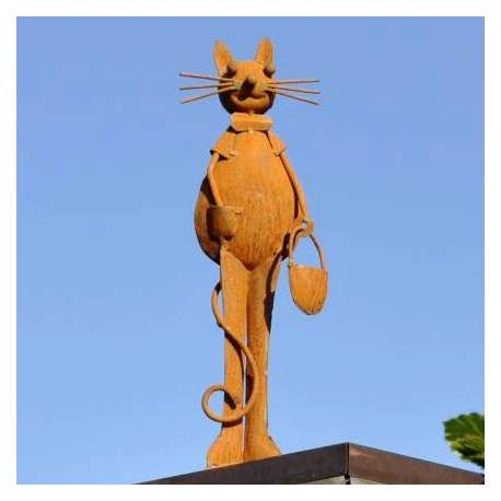 Statue de Chat avec un Sac Représentation de Félin Décoration de Jardin en Acier Oxydé 7,5x20x30cm