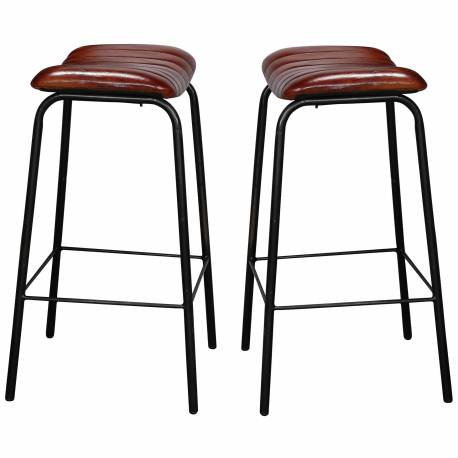 Lot de 2 Tabourets Hinsk Assises de Comptoir Siège en Acier Noir et Polyuréthane Marron 41x41x70cm