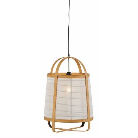 Suspension Talisse Athezza Luminaire Contemporain Eclairage à Suspendre en Bambou Naturel et Lin Blanc 44x44x60cm