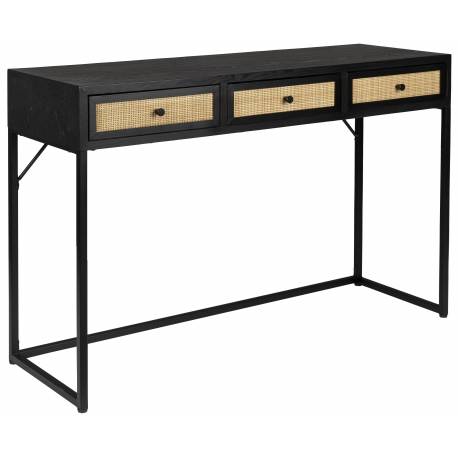 Console Guuji Woody Table d'Appoint Meuble de Rangement Bureau Design en Bois, Métal Noir et Cannage Rotin Naturel 40x76x120cm