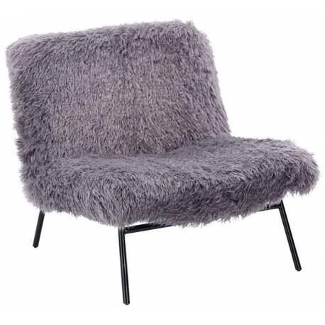 Fauteuil Domme Athezza Assise de Salon Moderne Siège en Fausse Fourrure Grise, Bois et Métal Noir 73x77x84cm