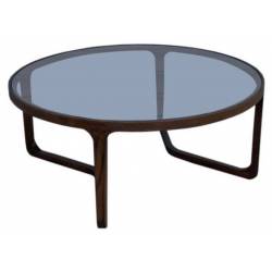 Table Basse Ronde Arco Athezza Guéridon Moderne Bout de Canapé en Frêne Naturel et Verre Trempé Fumé 36x90x90cm