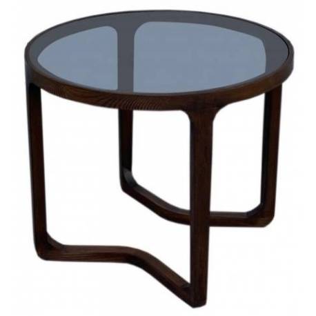 Table Basse Ronde Arco Athezza Guéridon Moderne Bout de Canapé en Frêne Naturel et Verre Trempé Fumé 45x55x55cm