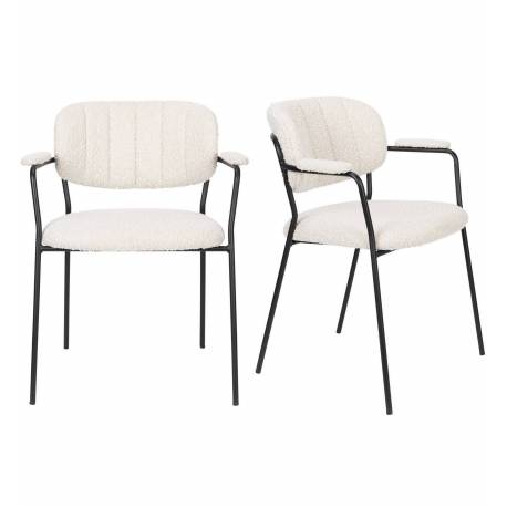 Lot de 2 Fauteuils de Table Jolien Woody Duo de Chaises Assises en Métal Noir et Tissu Bouclettes Blanc 56x60,5x78cm