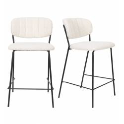 Duo de Tabourets de Comptoir Jolien Woody Chaises de Bar Sièges Hauts en Métal Noir et Tissu Bouclettes Blanc 48x54x89cm
