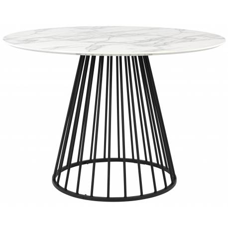 Table Floris Woody Table à Manger Table de Repas Ronde en Métal Galvanisé Noir et Bois Papier Marbré Blanc 75x104x104cm