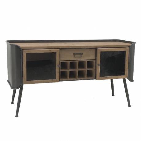 Vaisselier Cargo Bahut Indus Meuble de Rangement Armoire à Vin en Métal Gris Anthracite, Verre et Pin Naturel 46x76x144,5cm