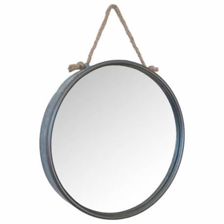 Miroir Mural Acier avec Corde Glace Ronde à Suspendre Effet Zinc 4x40x52,5cm