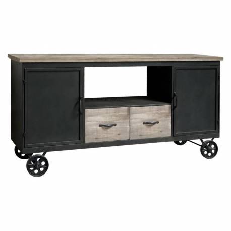 Meuble Buffet Métal et Bois Enfilade Industriel Bahut à Roulettes Décoratives 46x80,5x158cm