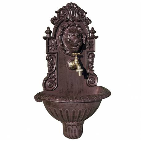 Fontaine de Jardin Murale Source à Fixer Tête de Lion en Fonte d'Aluminium Marron et Robinet Fonctionnel en Laiton 20x37x60cm