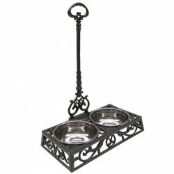 Gamelle Chien-Chat Double Abreuvoir sur Pied en Fonte Marron et Inox 22x41,5x60cm