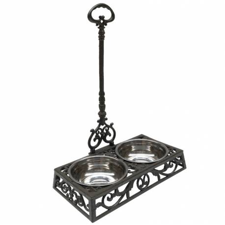Gamelle Chien-Chat Double Abreuvoir sur Pied en Fonte Marron et Inox 22x41,5x60cm