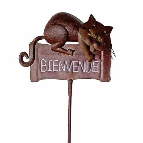 Tuteur de Jardin Panneau Écriteau Bienvenue Motif Chat Marron en Métal 7x31x130cm
