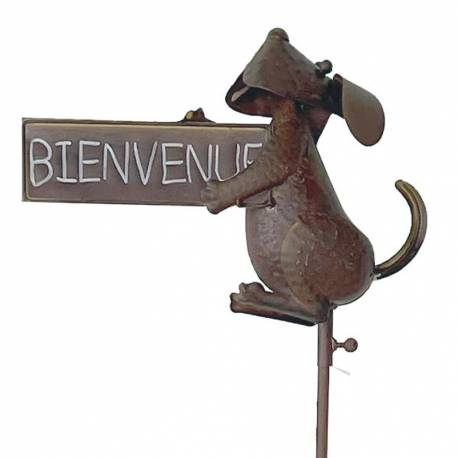 Tuteur de Jardin Panneau Écriteau Bienvenue Motif Chien Marron en Métal 10x31x132cm