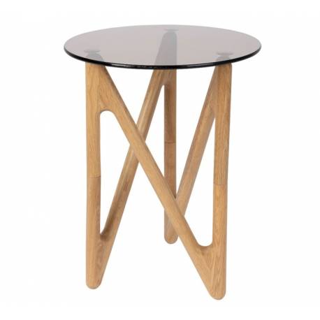 Guéridon Naia Dutchbone Bout de Canapé Naturel et Verre Fumé Marron Sellette D'appoint Esprit Rétro 40x40x50cm