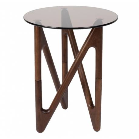Guéridon Naia Dutchbone Bout de Canapé Couleur Noyer et Verre Fumé Marron Sellette D'appoint Esprit Rétro 40x40x50cm