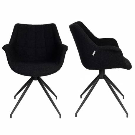 Lot de 2 Fauteuils Pivotants Doulton Vintage Noir Zuiver Sièges Assises de Table en Tissu Bouclé et Métal 61x67x80cm