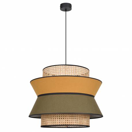 Suspension Singapour XL Market Set Luminaire Moderne en Cannage Naturel et Lin Lavé Couleur Kaki et Curry 58x58x180cm